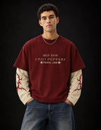 Vintage Rock Layered Oversized T-Shirt – Mahroon & Beige — front view