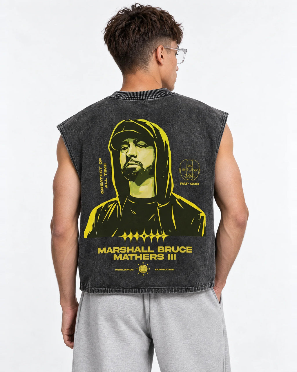 Eminem02 Designed Oversized Vest – back view on model