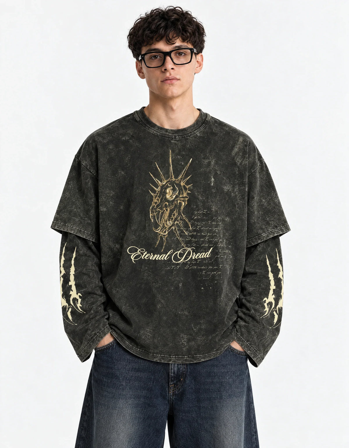 Eternal Dread Acid Wash Oversized Layered T-shirt — front view on model