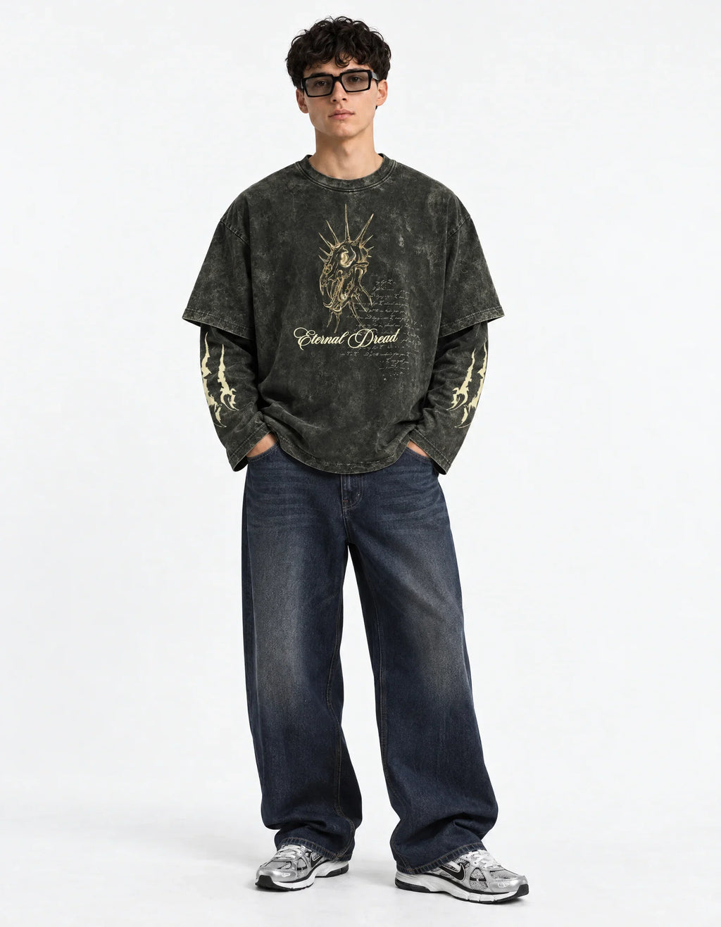 Eternal Dread Acid Wash Oversized Layered T-shirt — full-body view on model