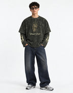Eternal Dread Acid Wash Oversized Layered T-shirt — full-body view on model