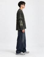 Eternal Dread Acid Wash Oversized Layered T-shirt — side view on model showing layered sleeves