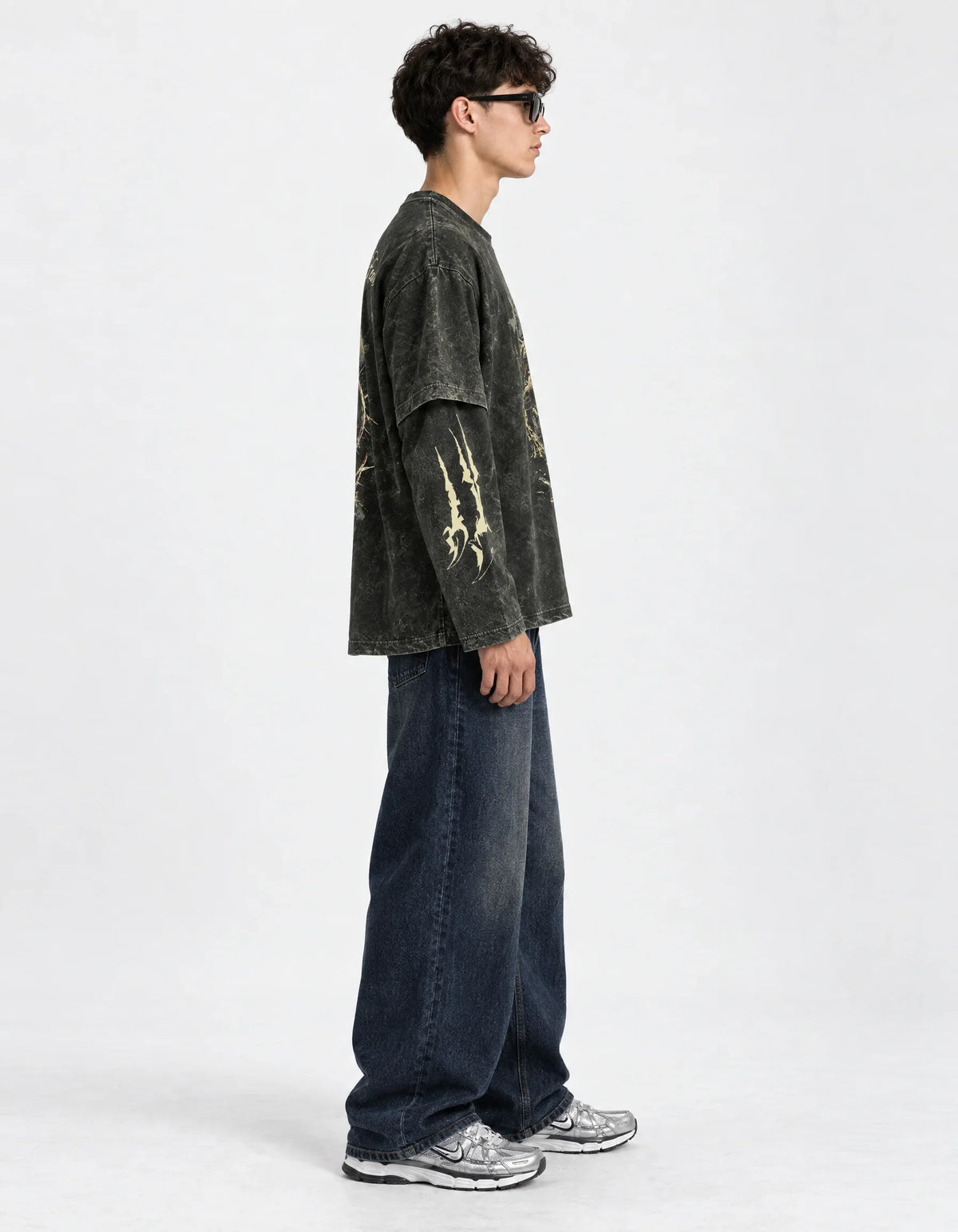 Eternal Dread Acid Wash Oversized Layered T-shirt — side view on model showing layered sleeves
