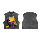 Acid wash oversized vest by Jnorss with Fight Club-inspired graphic design on the front.