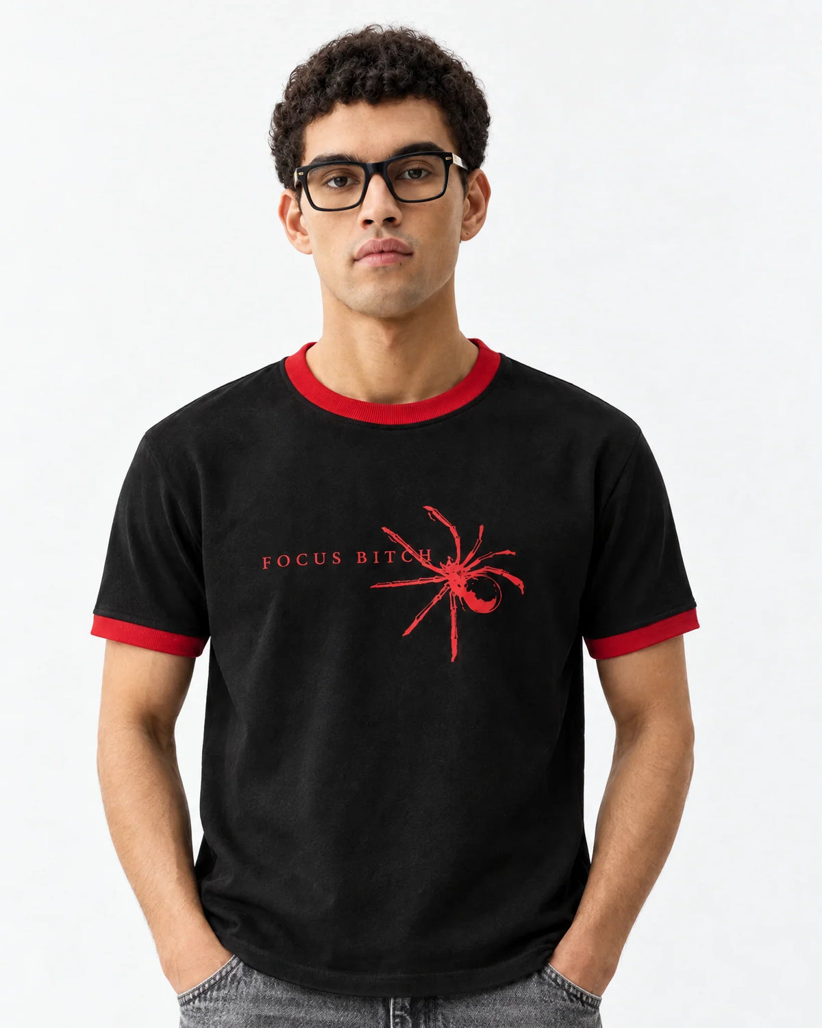 Focus Bitch Ringer Tee — front view on model