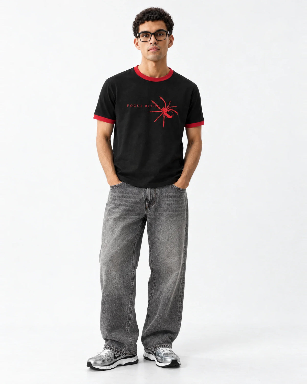 Focus Bitch Ringer Tee — full-body front view on model