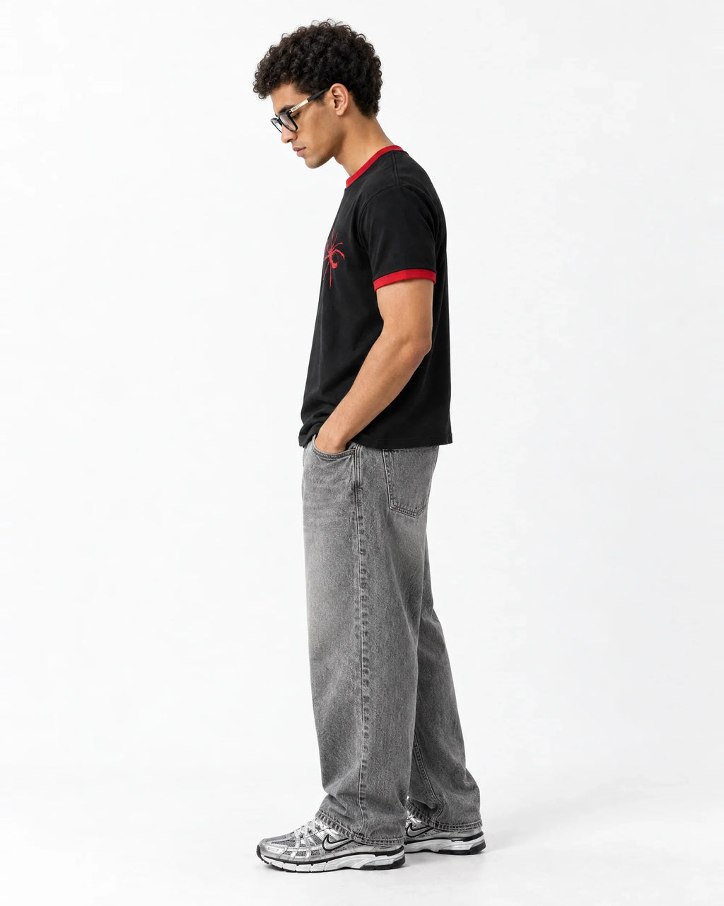 Focus Bitch Ringer Tee — side view on model