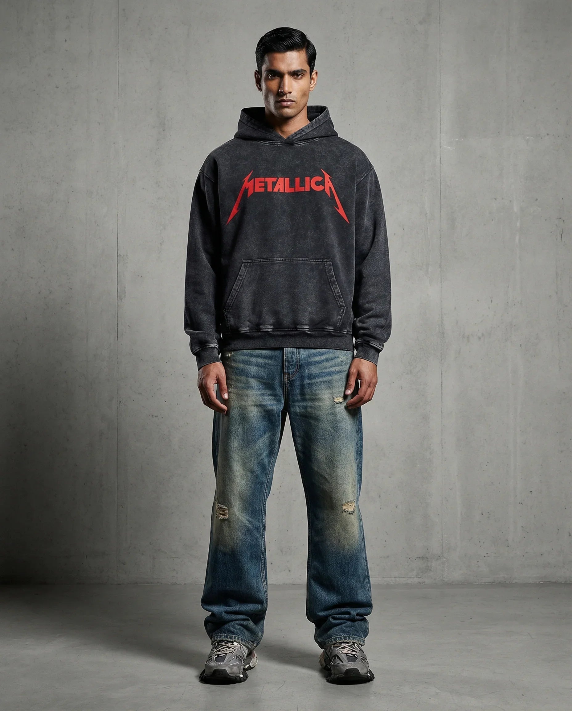 Metallica Chrimson Coil acid wash hoodie by Jnorss, featuring a stylish design and casual fit, displayed in a high-fashion studio setting.