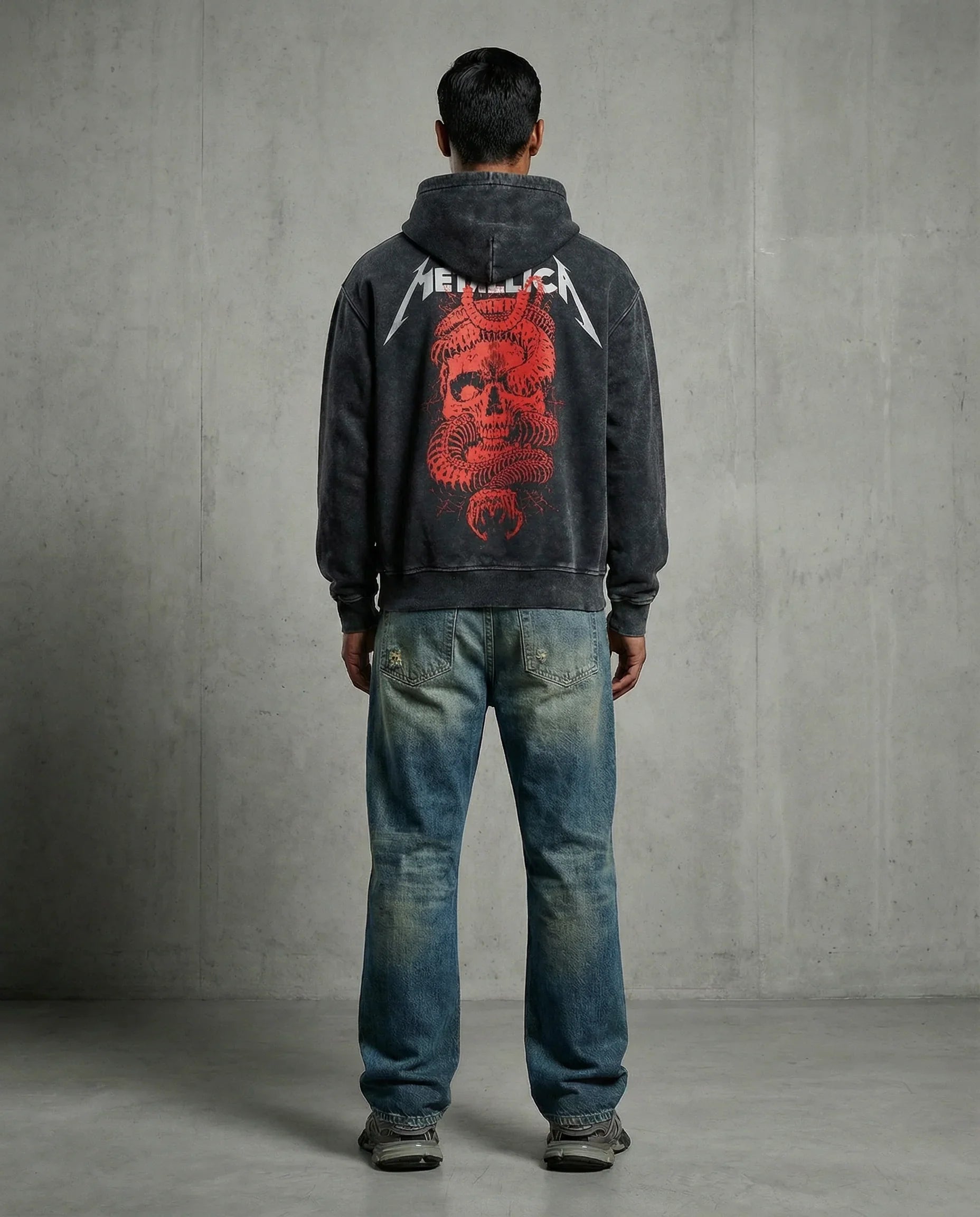 Back view of Jnorss Metallica Chrimson Coil acid wash hoodie on a model, featuring a relaxed fit and detailed fabric texture.