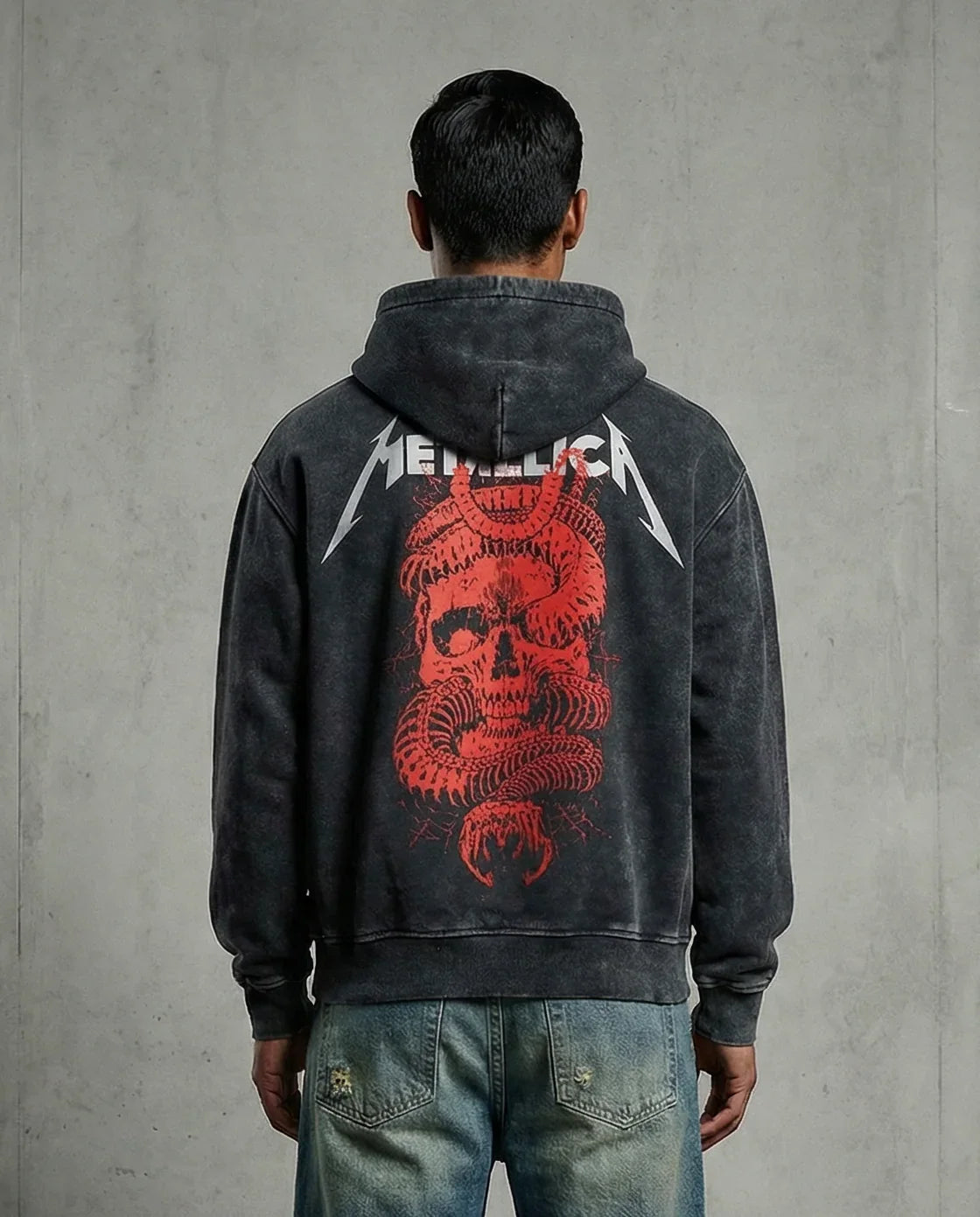 Back view of a model wearing the Jnorss Metallica Chrimson Coil acid wash hoodie with a relaxed fit and metal-inspired design.