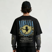 Back view of MB Nirvana LS Oversized Tee in black and grey, featuring a relaxed fit and casual style.