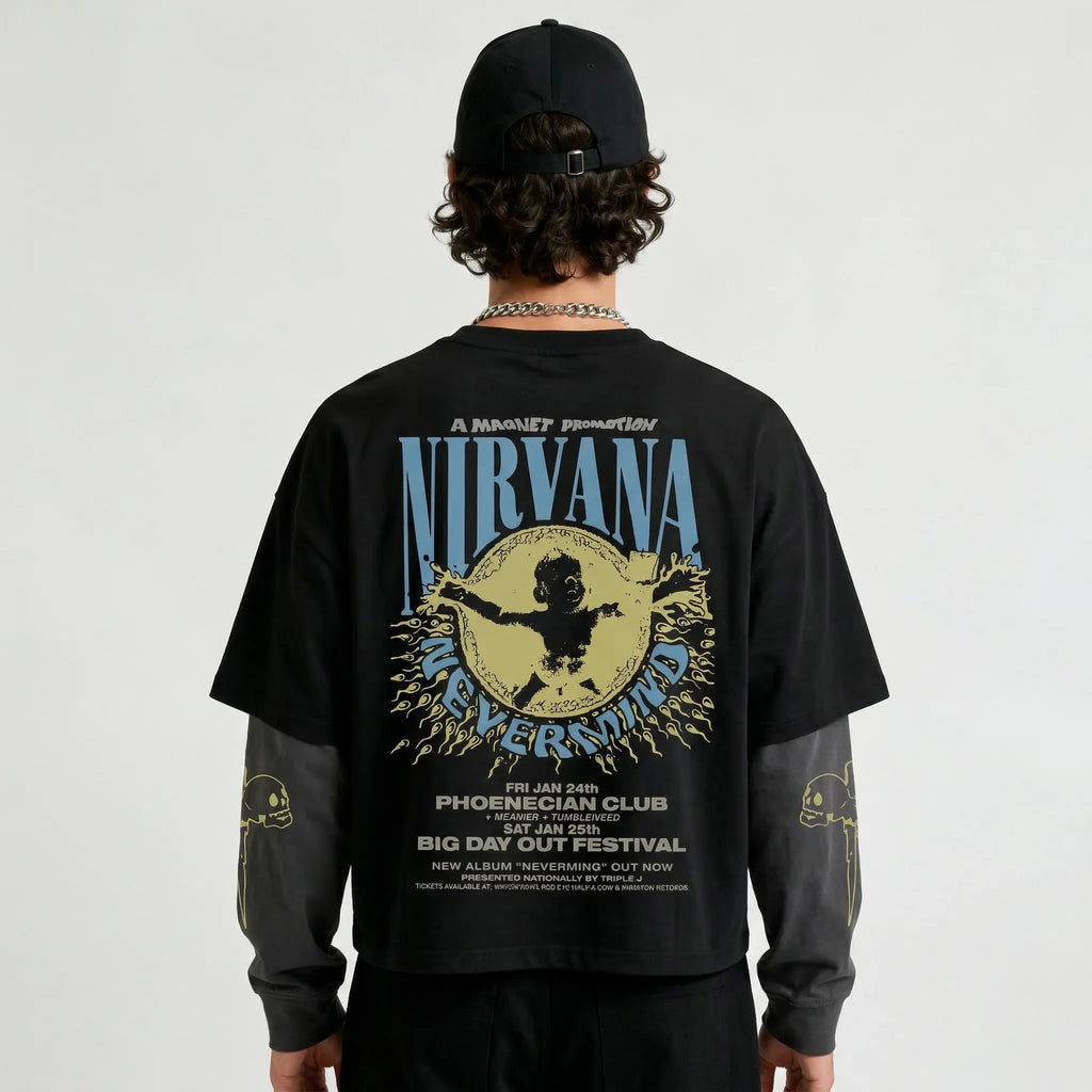 Back view of MB Nirvana LS Oversized Tee in black and grey, featuring a relaxed fit and casual style.