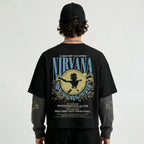 Back view of MB Nirvana LS Oversized Tee in black and grey, featuring a relaxed fit and casual style.