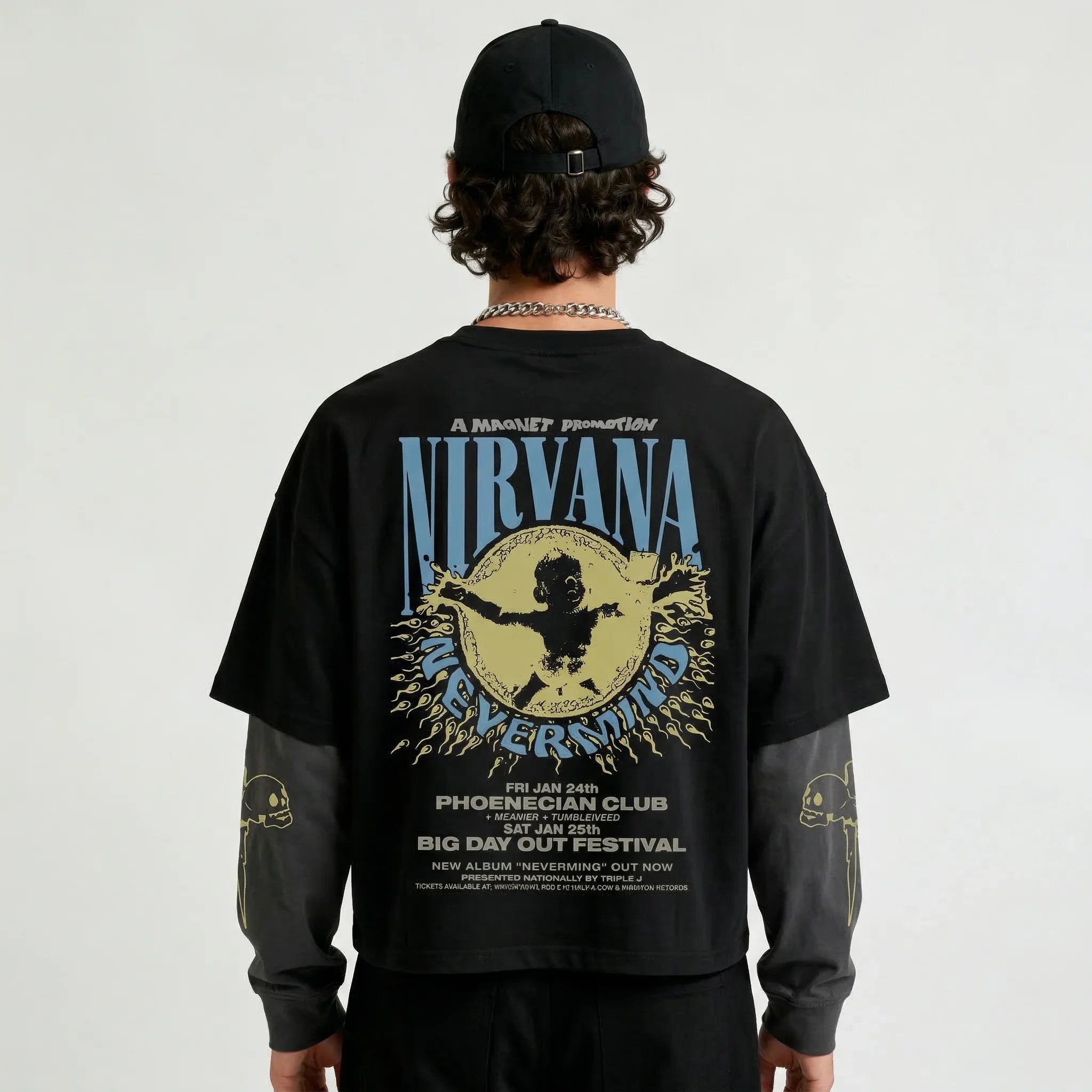 Back view of MB Nirvana LS Oversized Tee in black and grey, featuring a relaxed fit and casual style.