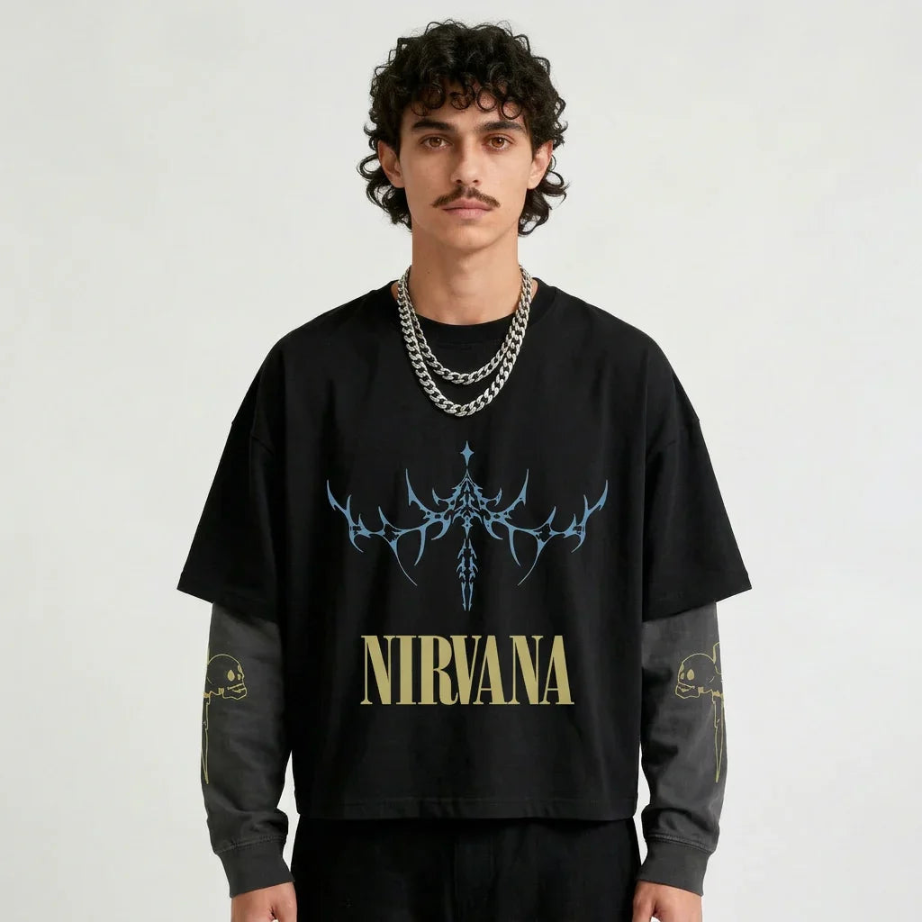 Black and grey Nirvana LS Oversized Tee by MB, front view showing relaxed fit and casual style.