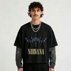 Black and grey Nirvana LS Oversized Tee by MB, front view showing relaxed fit and casual style.
