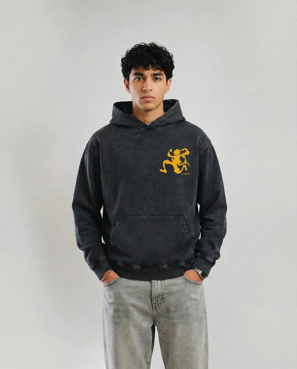 Front view of a model wearing the Jnorss acid wash One Piece Mugiwara Death Flag hoodie, showcasing its design and fit.