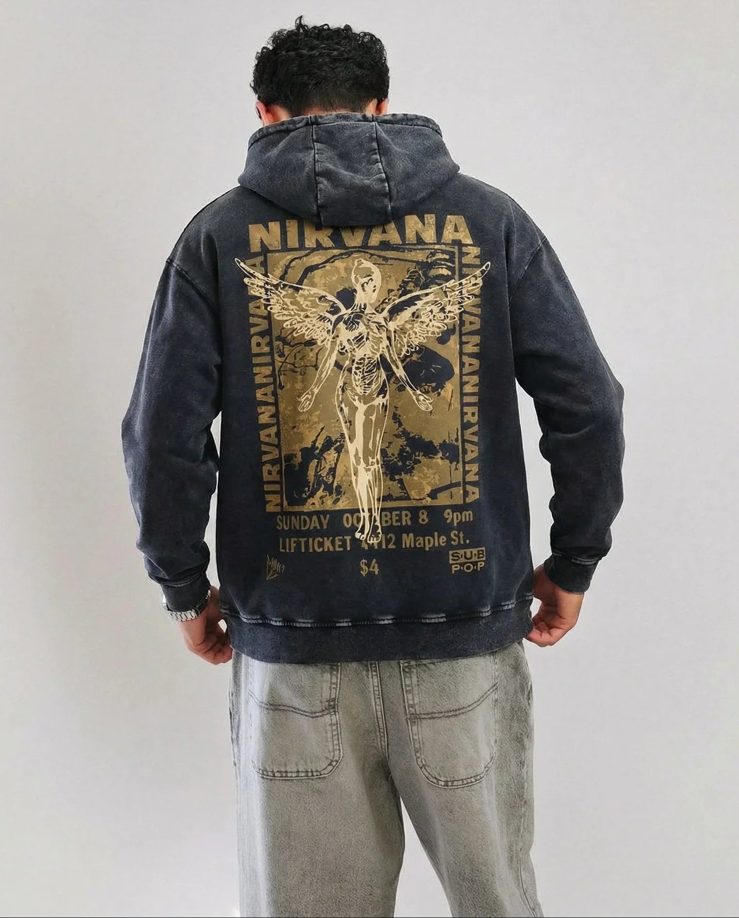 Model wearing Jnorss Nirvana Heaven In Distortion acid wash hoodie with a relaxed fit and unique distressed design.