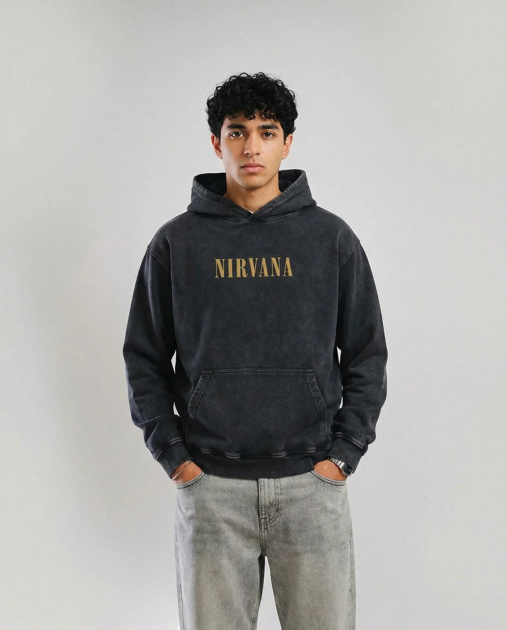 Model wearing Jnorss Nirvana Heaven In Distortion acid wash hoodie, showcasing its relaxed fit and stylish design.