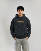 Model wearing Jnorss Nirvana Heaven In Distortion acid wash hoodie, showcasing its relaxed fit and stylish design.
