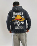 Model wearing Jnorss acid wash hoodie with One Piece Mugiwara Death Flag design, featuring a casual fit and distressed style.