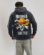 Model wearing Jnorss acid wash hoodie with One Piece Mugiwara Death Flag design, featuring a casual fit and distressed style.
