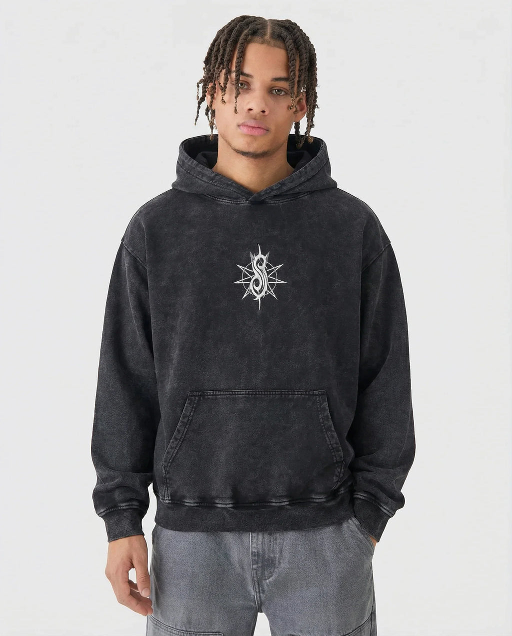 Model wearing Jnorss Slipknot Psychosocial Omen acid wash hoodie, featuring graphic design and casual fit.