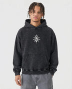 Model wearing Jnorss Slipknot Psychosocial Omen acid wash hoodie, featuring graphic design and casual fit.