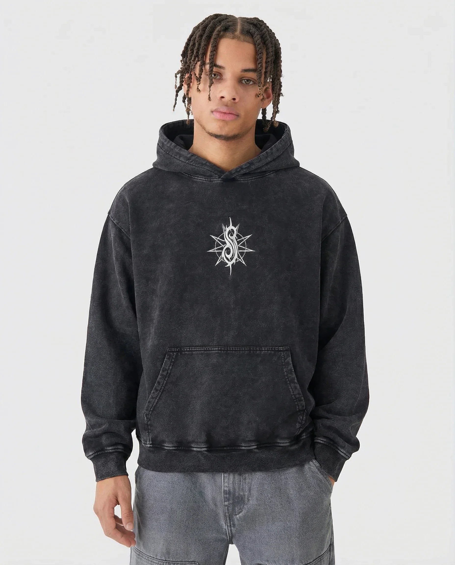 Model wearing Jnorss Slipknot Psychosocial Omen acid wash hoodie, featuring graphic design and casual fit.