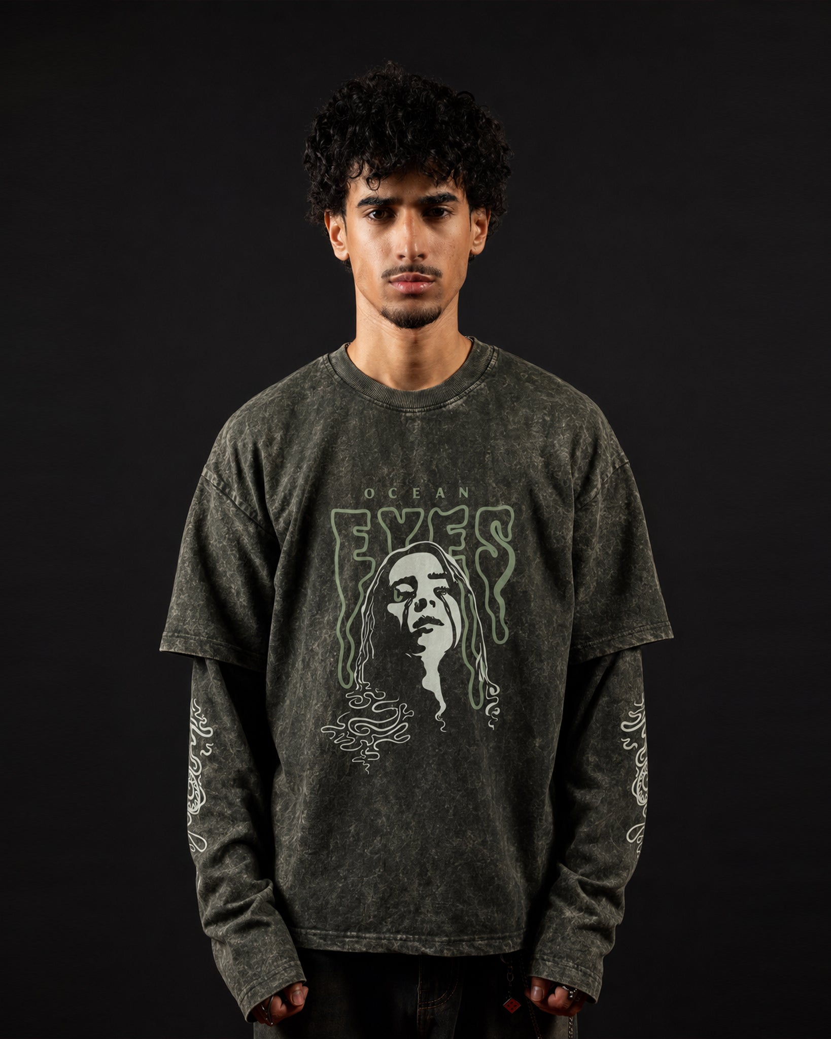 Ocean Eyes Acid Wash Layered Full Sleeve Oversized T-shirt