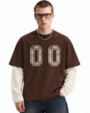 Brown & Cream “00”  Oversized Layered T-Shirt