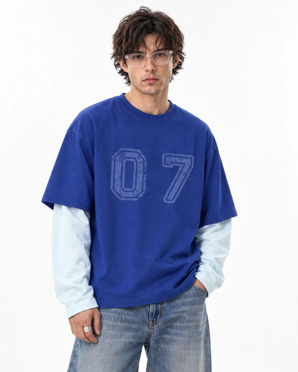 Royal Blue & Sky “07” Oversized Layered T-Shirt