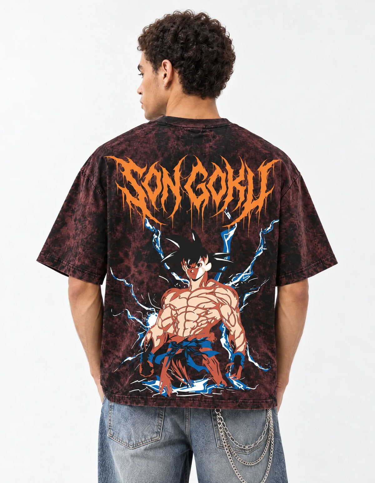 Goku Thunder Acid Wash Oversized T-Shirt — back view