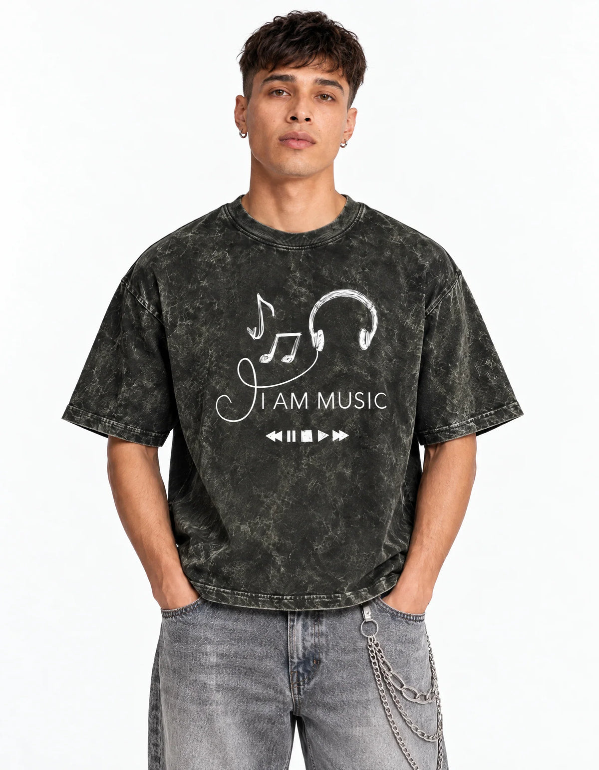 I Am Music Boxy Acid Wash Tee — front view