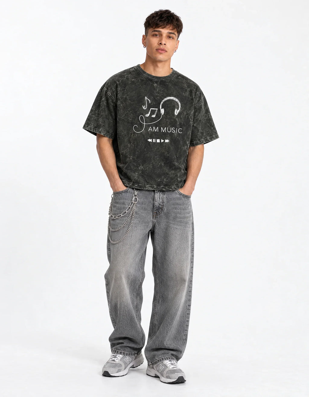 I Am Music Boxy Acid Wash Tee — full-body view
