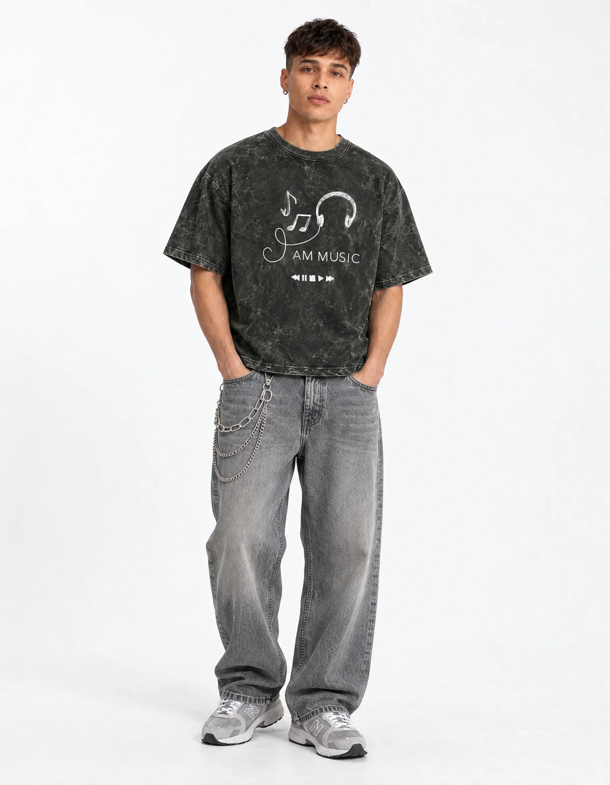 I Am Music Boxy Acid Wash Tee — full-body view