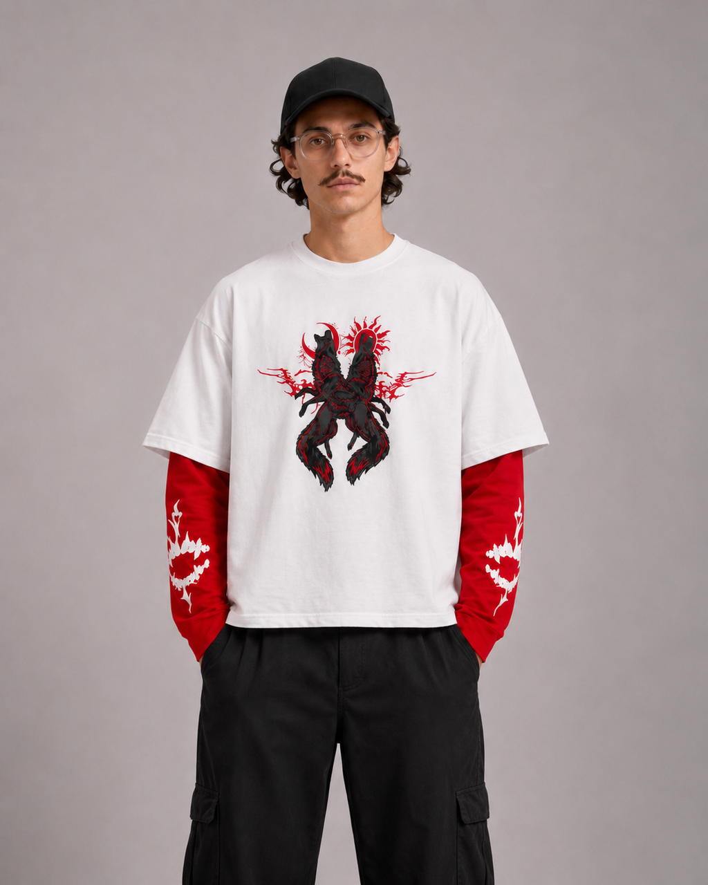 Red Moon Wolf Layered Ovesized Tee