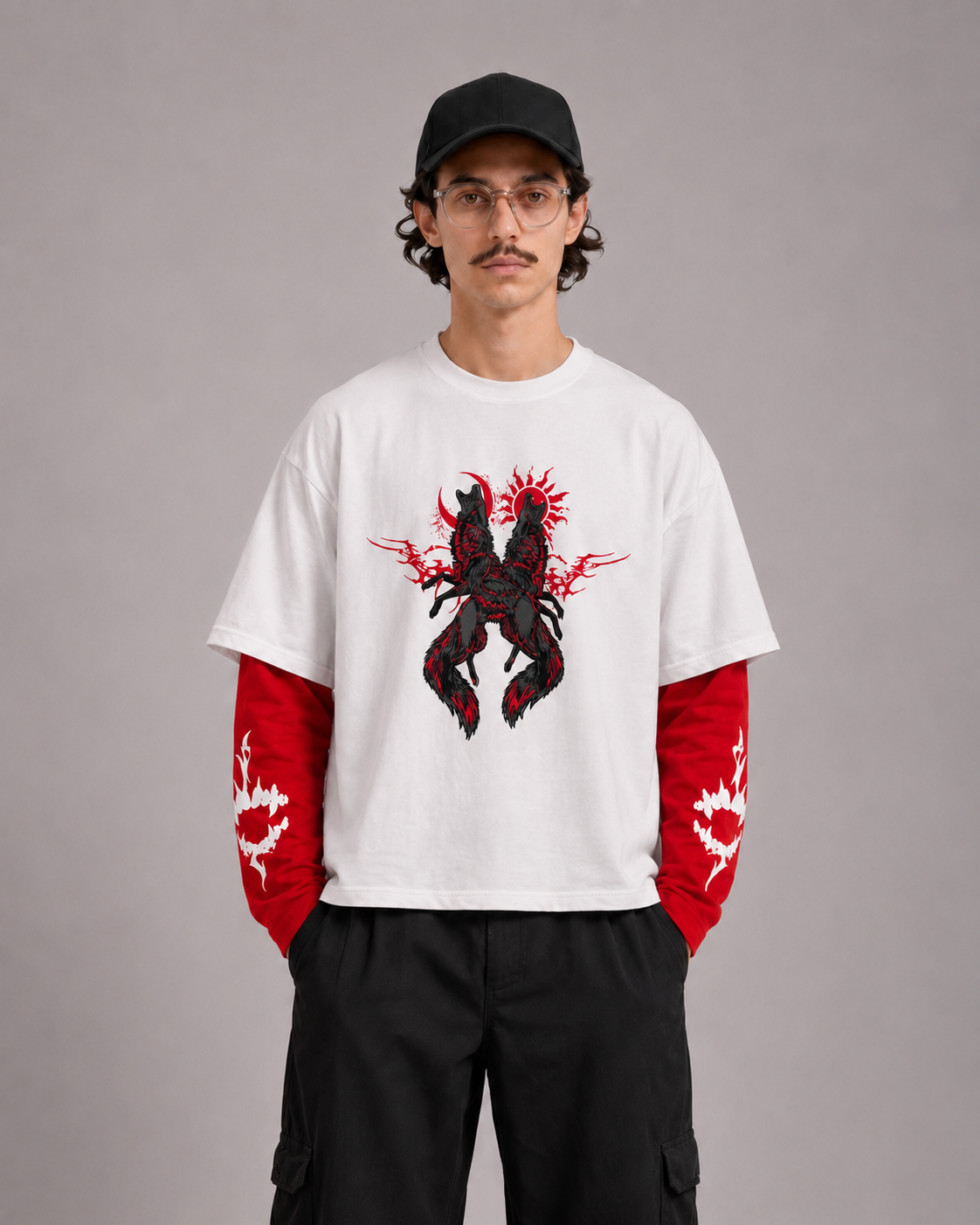 Red Moon Wolf Layered Ovesized Tee