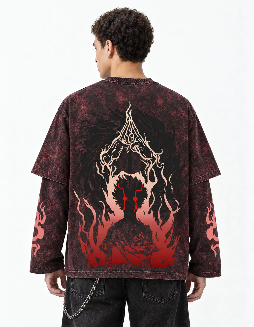 Jujutsu Kaisen Acid Wash Layered Sleeve Oversized T-Shirt — back view on model