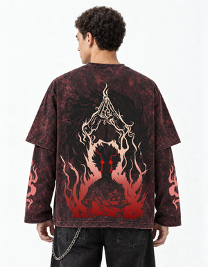 Jujutsu Kaisen Acid Wash Layered Sleeve Oversized T-Shirt