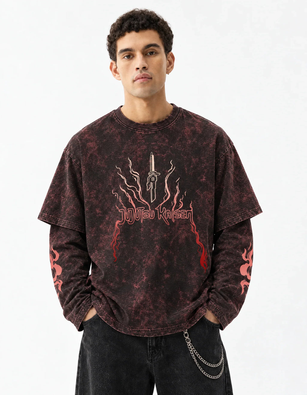 Jujutsu Kaisen Acid Wash Layered Sleeve Oversized T-Shirt — front view on model