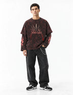 Jujutsu Kaisen Acid Wash Layered Sleeve Oversized T-Shirt — full-body view on model