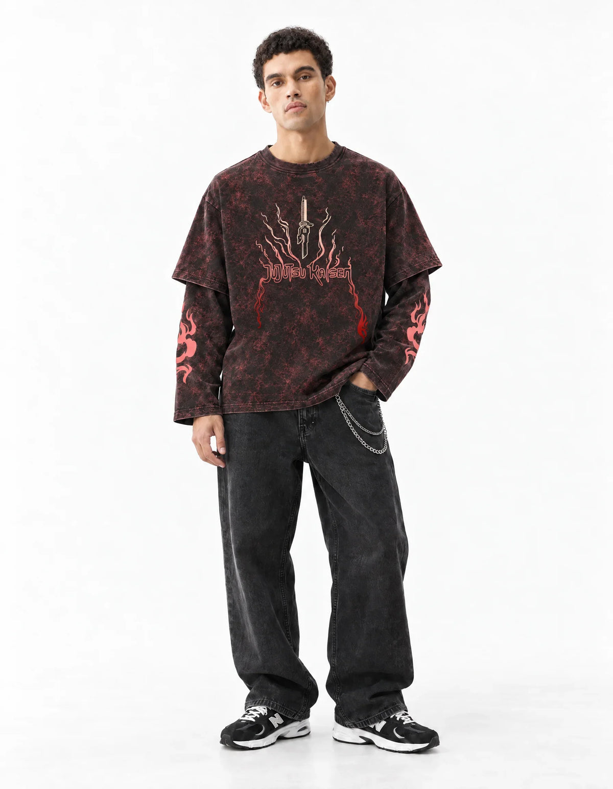 Jujutsu Kaisen Acid Wash Layered Sleeve Oversized T-Shirt — full-body view on model