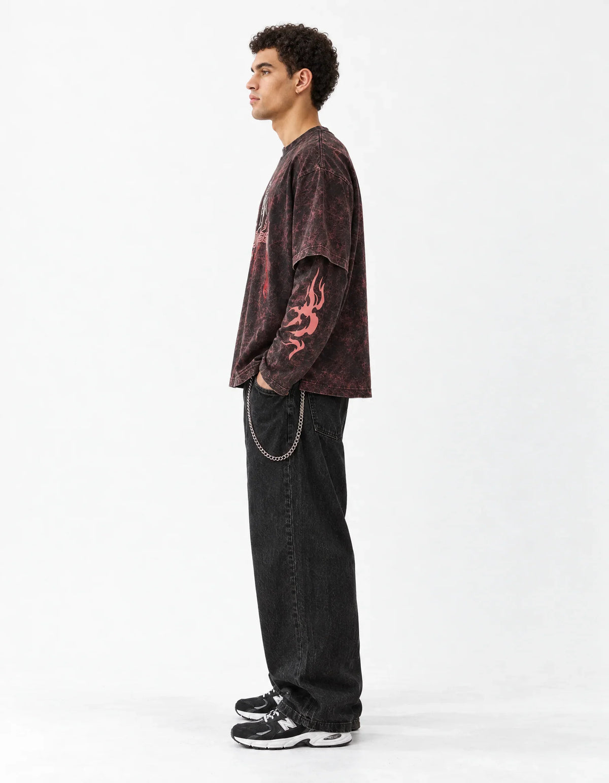 Jujutsu Kaisen Acid Wash Layered Sleeve Oversized T-Shirt — side view on model showing layered sleeves