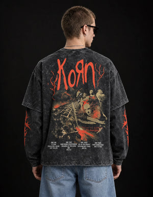 KORN Issues Acid Wash Layered Sleeve Oversized T-Shirt