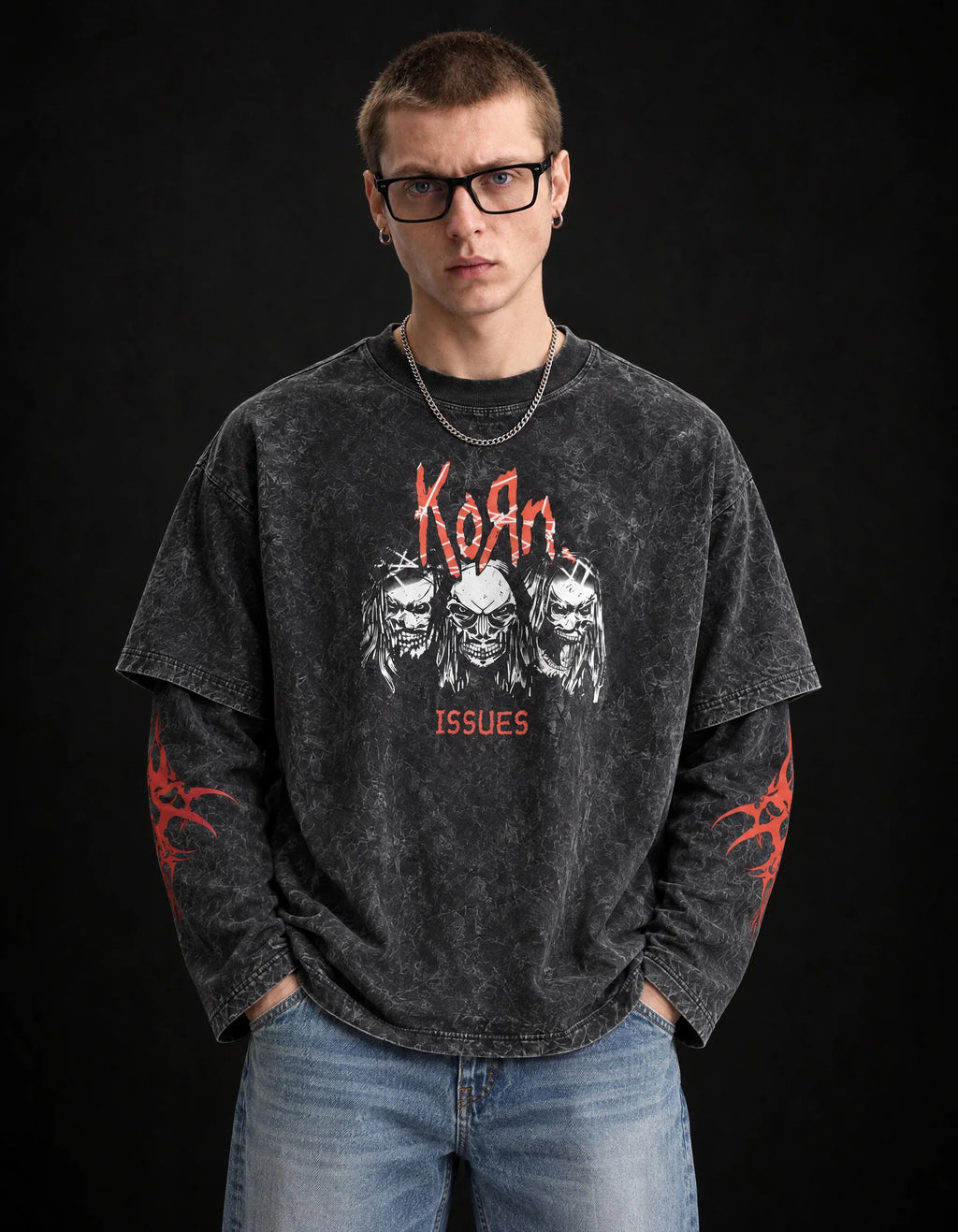 KORN Issues Acid Wash Layered Sleeve Oversized T-Shirt — front view on model