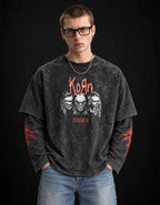 KORN Issues Acid Wash Layered Sleeve Oversized T-Shirt — front view on model