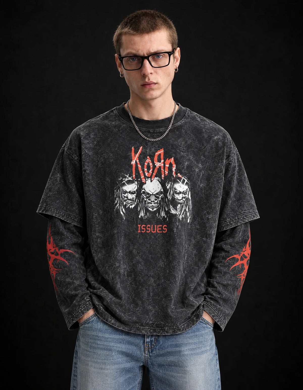 KORN Issues Acid Wash Layered Sleeve Oversized T-Shirt — front view on model