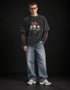 KORN Issues Acid Wash Layered Sleeve Oversized T-Shirt — full-body view on model