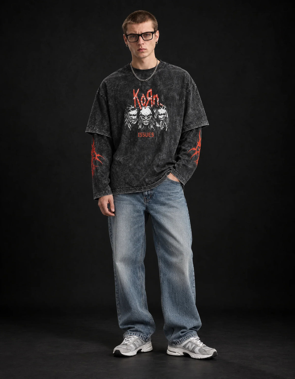 KORN Issues Acid Wash Layered Sleeve Oversized T-Shirt — full-body view on model